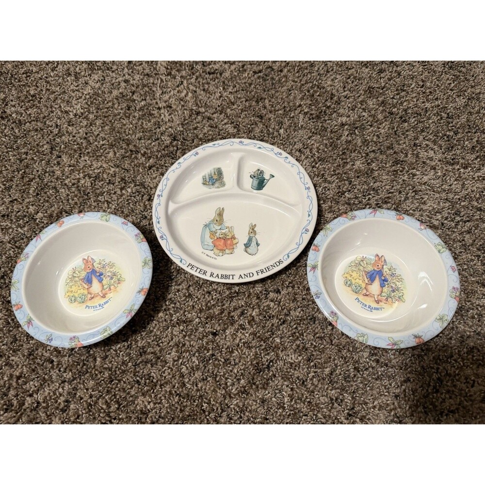 Vintage Peter Rabbit 3 Pc Kids Bowl & Divided Plate Set Beatrix Potter 1996